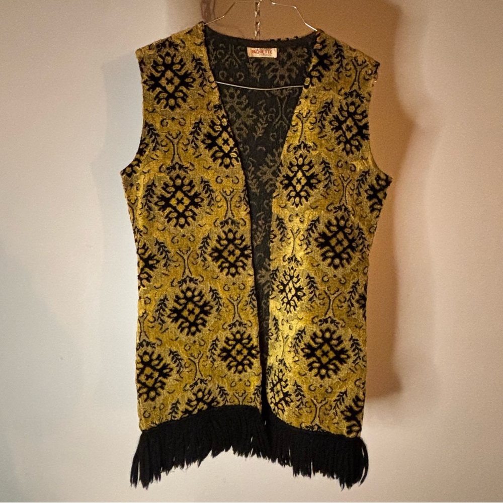 60’s Vintage Carpet Vest Mustard Yellow and Black with Fringe